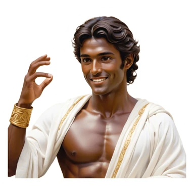 Cinematic Realistic Hercules Portrait, head tilted playfully and inquisitively, capturing the spirit of a timeless Greek hero with a warm, inviting smile. His bronze, marble-like skin and thick, wavy dark hair are rendered with classical precision, while his flowing white robe with delicate golden embellishments accentuates his muscular form. Soft natural light brings out the playful yet powerful essence of this legendary figure. sticker