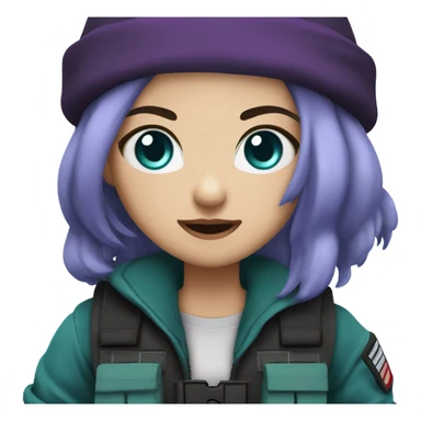 Girl, white skin, tactical vest, dark pants, long teal hair, blue eyes, black purple beanie hat, knife, black combat boots sticker