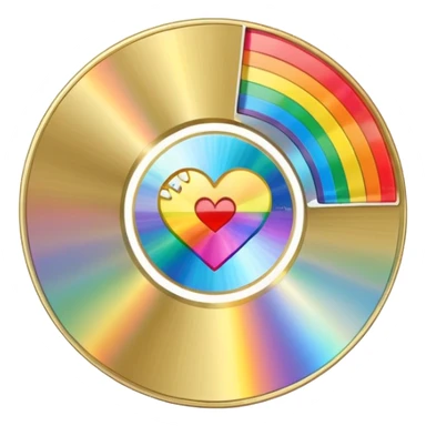 gold CD with a scratch, with a heart shape scratch, with a rainbow reflection sticker