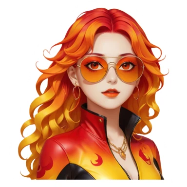 Beautiful gorgeous anime lady with beautiful fiery long warm-red-orange-yellow-gradient-wavy-special-hair, fashion aesthetic, slim red-tinted-sunglasses, accessories, gold jewelries, red-and-yellow sunny-pattern-eyes, black latex-suit, biker-woman, cool, badass, gold-sun-shaped-earrings sticker
