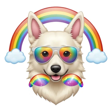White belgian Shepard with glitter sunglas , on a rainbow sticker