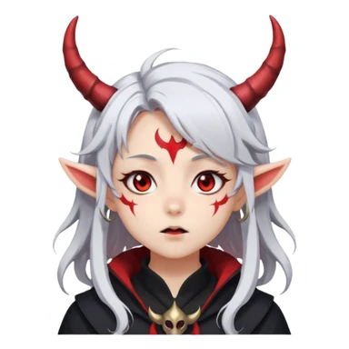 Dark style anime girl with white hair and red eyes, with horns on her head . There is an emotion of inhalation on the face sticker