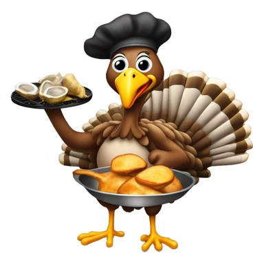 Turkey holding slice of black toasted bread with pan of oysters, fire sticker