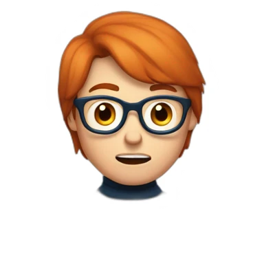 a red-haired boy with glasses and blue eyes in a turtleneck is working at a computer and angry sticker