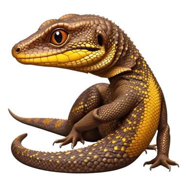 Cinematic Cute brown camo spotted monitor Lizard Portrait Emoji, Head tilted playfully and inquisitively, with a sleek, patterned body accented by vibrant hues and round, sparkling eyes full of wonder, Simplified yet irresistibly adorable features, highly detailed, glowing with a warm, friendly glow, high shine, affectionate and lively, stylized with a touch of exotic charm, bright and endearing, soft glowing outline, capturing the essence of a mischievous yet captivating lizard that seems as if it could scuttle out of the screen into your arms! sticker