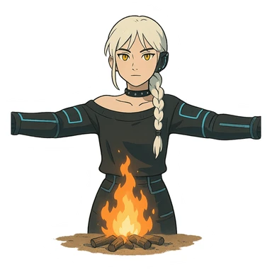  young woman with gold yellow eyes, white hair, long braid, black off-shoulder top, punk gothic style, futuristic cyberwave cyberpunk,, she is calmly t-posing , there is a small bonfire in front of her sticker
