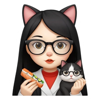 cute girl cat with long straight hair and really big square glasses with super thin frames eating sushi sticker