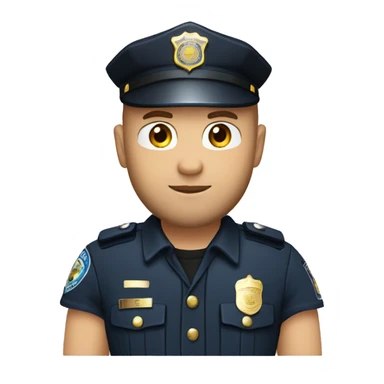 Bald Caucasian man with light brown beard in police uniform with black baseball cap sticker