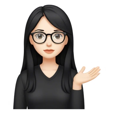 pale woman with long black hair, wearing glasses and black shirt sticker