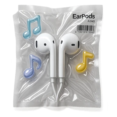 pair of white EarPods with three floating glass music notes in pastel colors, shiny and puffy, vacuum-sealed style sticker