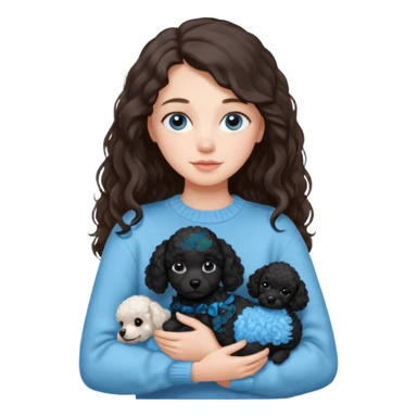 One Brunette girl with blue eyes and long hair in a light blue sweater holds one black Poodle puppy in her arms sticker