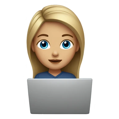 a girl with blue eyes and dark blond hair is sitting at a laptop sticker