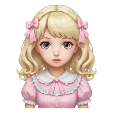 pale girl , who has curly medium length blonde and baby pink swirled hair with bangs , grey eyes , and doll like makeup , in a light pink lolita hime gyaru dress  sticker