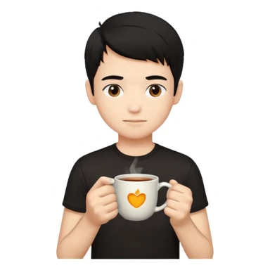 The boy teen have a black hair, and black T-shirt with a cup of tea sticker