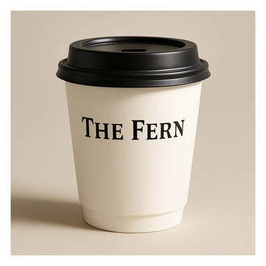 Make the white coffee cup a to-go cup with a lid, keep 'The Fern' in elegant serif letters, classic and refined look. sticker