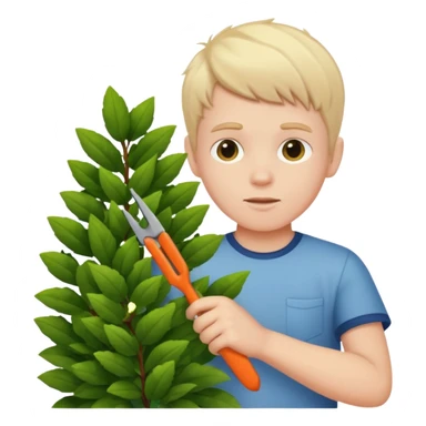 white kid trimming a decorative bush sticker