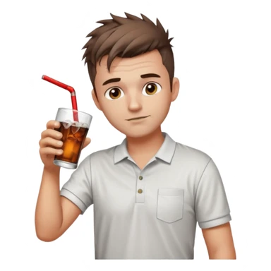 Handsome male.short messy brown hair.mowhawk hairstyle. wearing white golf shirt.grey shorts. Drinking brandy and coke . Drunk sticker