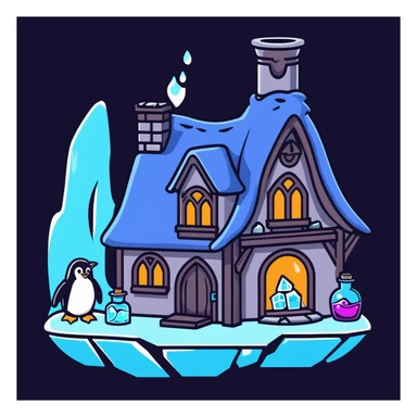 Cozy wizard's cottage for a penguin, ice cave with magical blue glow and potion bottles sticker