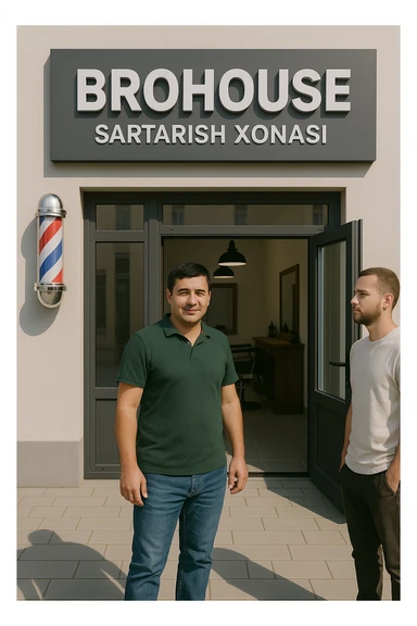 eni shu rasimga manashu odamga uxhshasin sartaosh eshik oldida tursin va tashqarida esa mijoz sticker