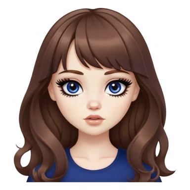 wavy brown long bangs hair, pale skin,  dark blue iris, pretty bratz baddie, strong black eyeliner sticker