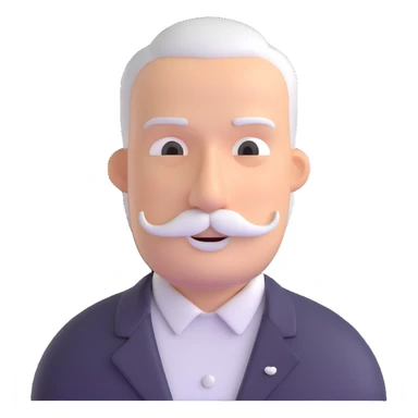 man with oval-shaped flat-top head, bushy white mustache, wearing a white shirt with three white buttons sticker