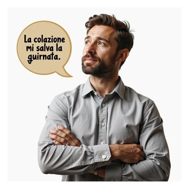 hyperrealistic 4K man isolated on white background with a speech bubble saying 'La colazione mi salva la giornata', relieved expression, realistic details sticker