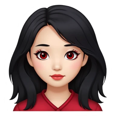 Asian girl with long shaggy black hair. middle part hair. big dark eyes. red blush. dimples. simply dark makeup sticker