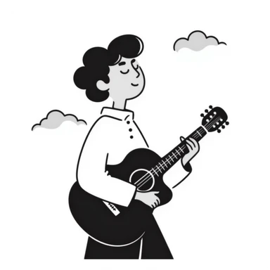 A musician holding a guitar, with a sad expression, looking up at the sky, waiting for an opportunity sticker