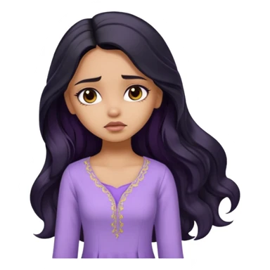 a pretty tan bratz girl with long wavy black hair, wearing a light purple kurti. looking sad sticker