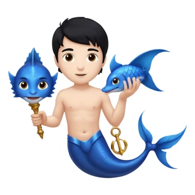 boy, black hair, brown eyes, white skin, Triton, with Triton in hand and blue Triton tail on the side. sticker