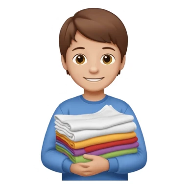 Little boy with brown hair smiling and carrying a stack of clean folded clothes sticker