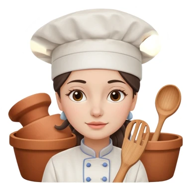 cartoon Apple iOS emoji style woman, pastel colors, Chilean wooden kitchen background, clay pots, warm light, detailed and clean vector art sticker