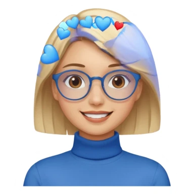 Asthectic pretty Blonde women brown eyes, blue glasses, wearing a brown polo neck shirt and smiling with hearts around her. sticker
