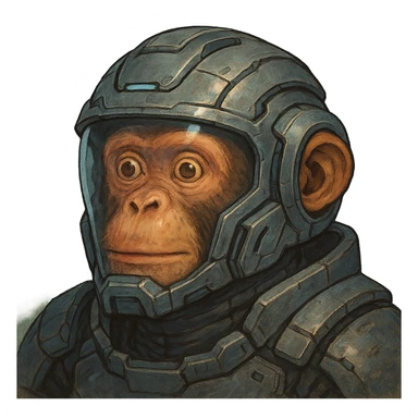 the image is the icon for a videogame insta-use item, it is armor [open face combat helmet] - futuristic cyberpunk -ready to equip-  it is master craftsmanship [ unequipped item ], except it's the monkey from the "neuron activation" meme sticker