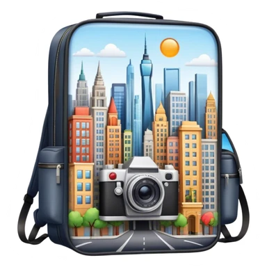 Icon for Urban Tourism: city skyline with iconic buildings, a camera and a backpack. The icon should represent the exploration of urban destinations, with elements like streets, landmarks, and vibrant city life. Transparent background. sticker