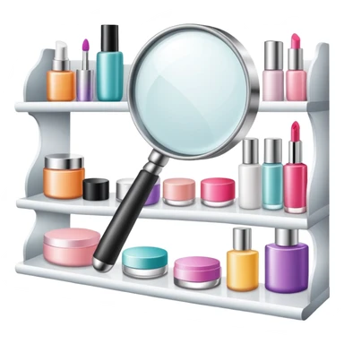 magnifying glass over beauty product shelf, searching for last item sticker