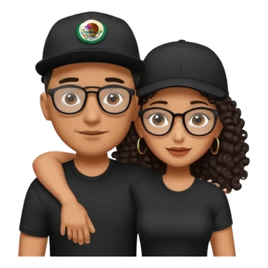 A picture of an embracing tanned couple. the man is a Mexican man with tanned skin, with a bald hair cut wearing a SnapBack hat and a black shirt. the woman wearing black glasses, with long curly dark brown hair and with big boobs.  sticker