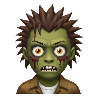 Um garoto zombie de cabelo castanho escuro, com o cabelo chegando no pescoço, punk, com olhos castanhos esverdeados, de camisa branca sticker