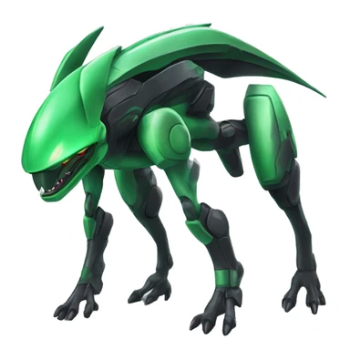 a black-green Genesect-Raptor-Fakémon—hybrid with a futuristic visor-helmet full body sticker