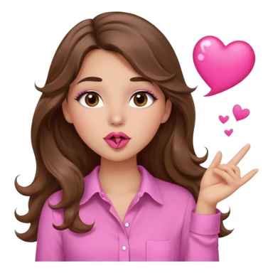 girl with long wavy brown hair, brown eyes, light to medium complexion, in a pink shirt, pink lips, long lashes, blowing a kiss sticker