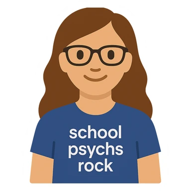 Create a flat color icon of this person wearing a t-shirt with 'school psychs rock' written on it. The style should have clean lines, be minimalistic, and have a professional icon look. sticker