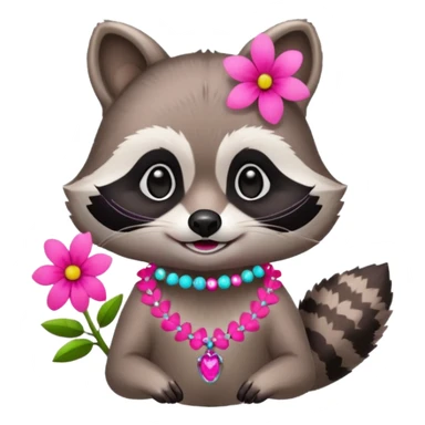 A playful raccoon wearing a neon-pink flower necklace, looking festive. sticker