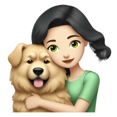 pretty woman with pale skin, very long black hair and green eyes and light pink outfit hugging a beige fluffy chow chow dog sticker