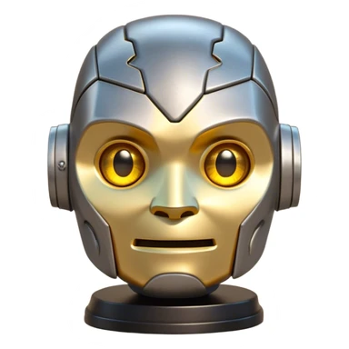 Cinematic Cute Mighty Iron Golem Portrait Emoji Head tilted playfully and inquisitively, featuring a sleek yet sturdy metal form with smooth, polished steel plating and glowing golden engravings, accented by faintly humming energy veins that pulse with life; rendered with lifelike clarity and soft, natural reflections, high shine, charming yet robust, styled with a touch of whimsical fantasy, soft glowing outline, capturing the essence of a watchful yet endearing golem, as if it might shift its massive head with a slow, thoughtful nod at any moment! sticker