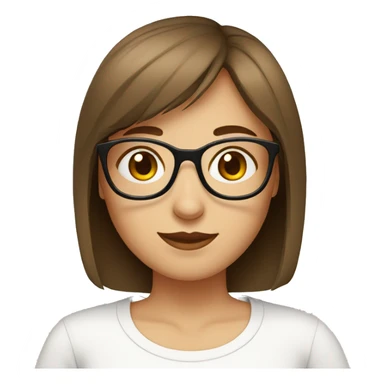 short brown haired girl with flat bangs wearing glasses and wearing a white t-shirt sticker