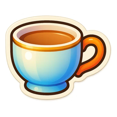 Hermès-style ceramic cup of tea, minimal design, Hermès orange handle, gold rim, cute emoji style, different lighting, on white or transparent background sticker