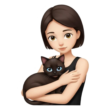 girl with dark brown hair, wearing a black sleeveless top, hugging her siamese cat. sticker