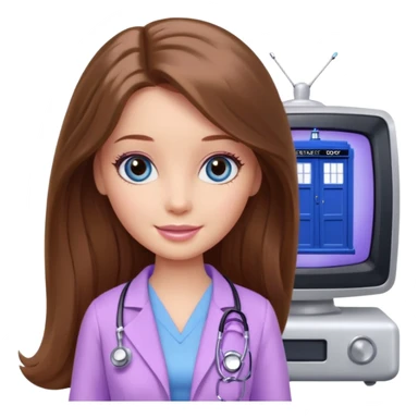 beautiful barbie girl with long brown hair, blue eyes and wearing light purple clothes watching tv show doctor who sticker
