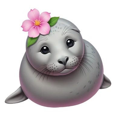 A small slim grey seal resting gracefully on a sandy beach, with a delicate pink flower placed on its head sticker