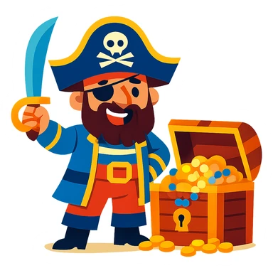 pirate with treasure chest, vibrant colors, playful style sticker